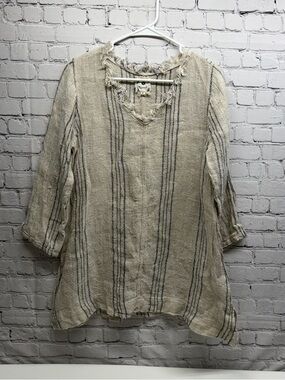 Namsar linen Relaxed V-Neck Striped Tunic - Cream with Black Stripes sz small